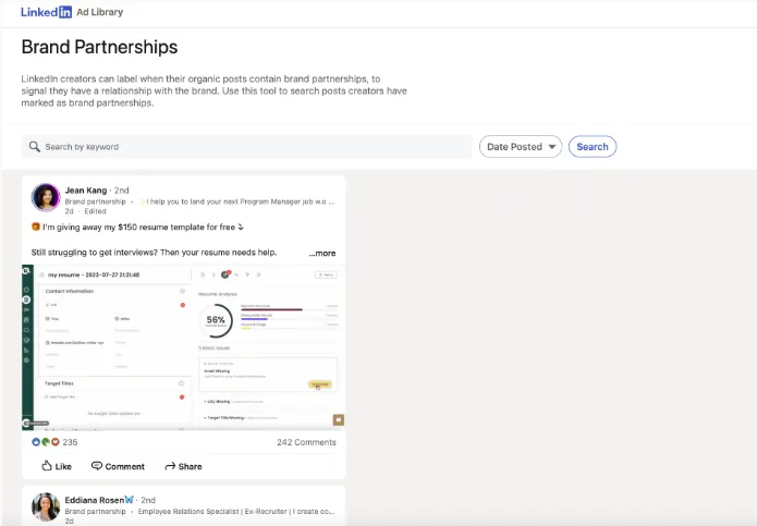 LinkedIn branded content search