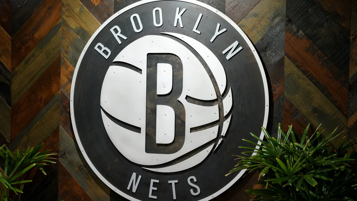 Brooklyn Nets signage is seen during Brooklyn Nets Media Day at Brooklyn Nets HSS Training Center