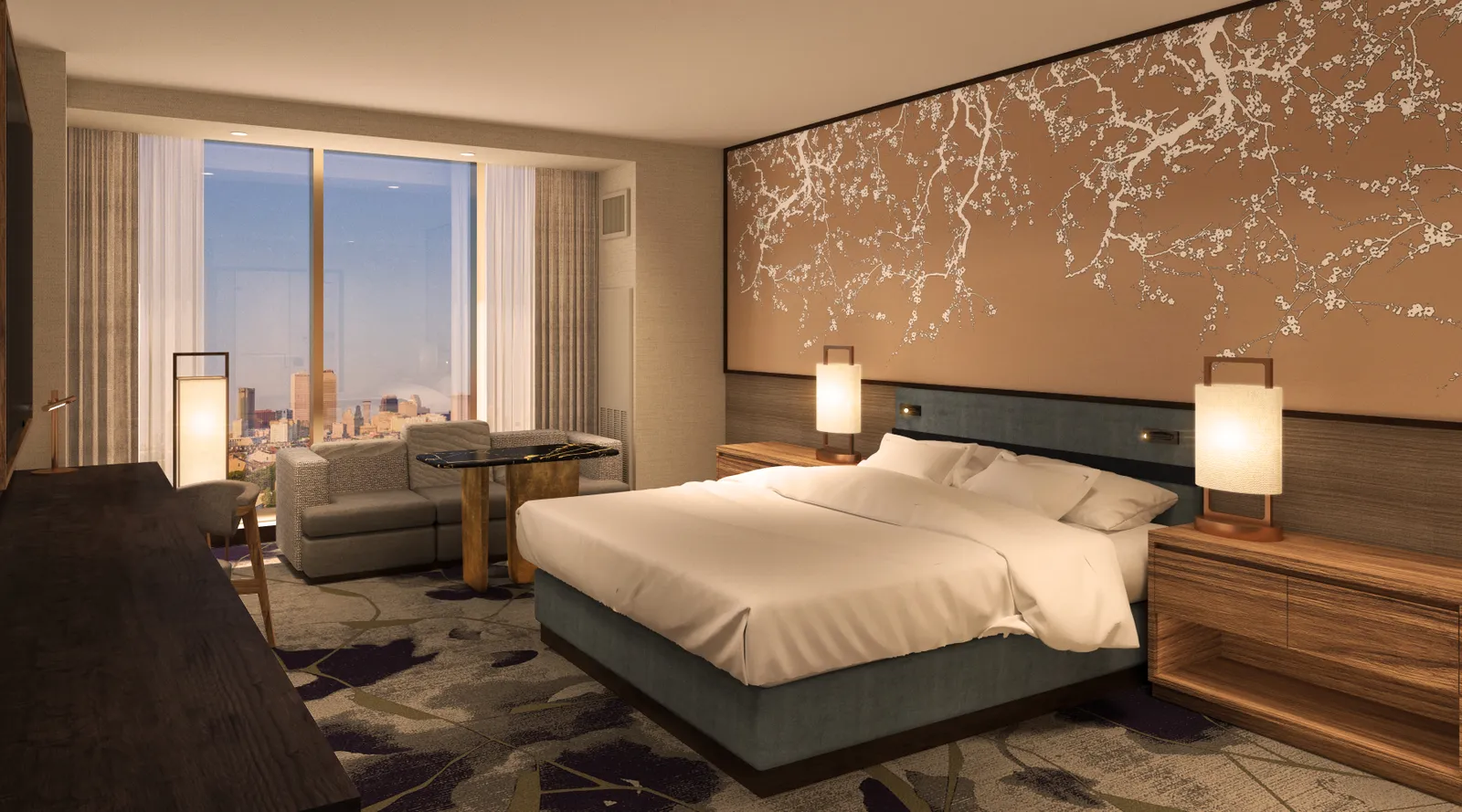 The rendering of a guest room at the Nobu hotel at Caesars New Orleans.