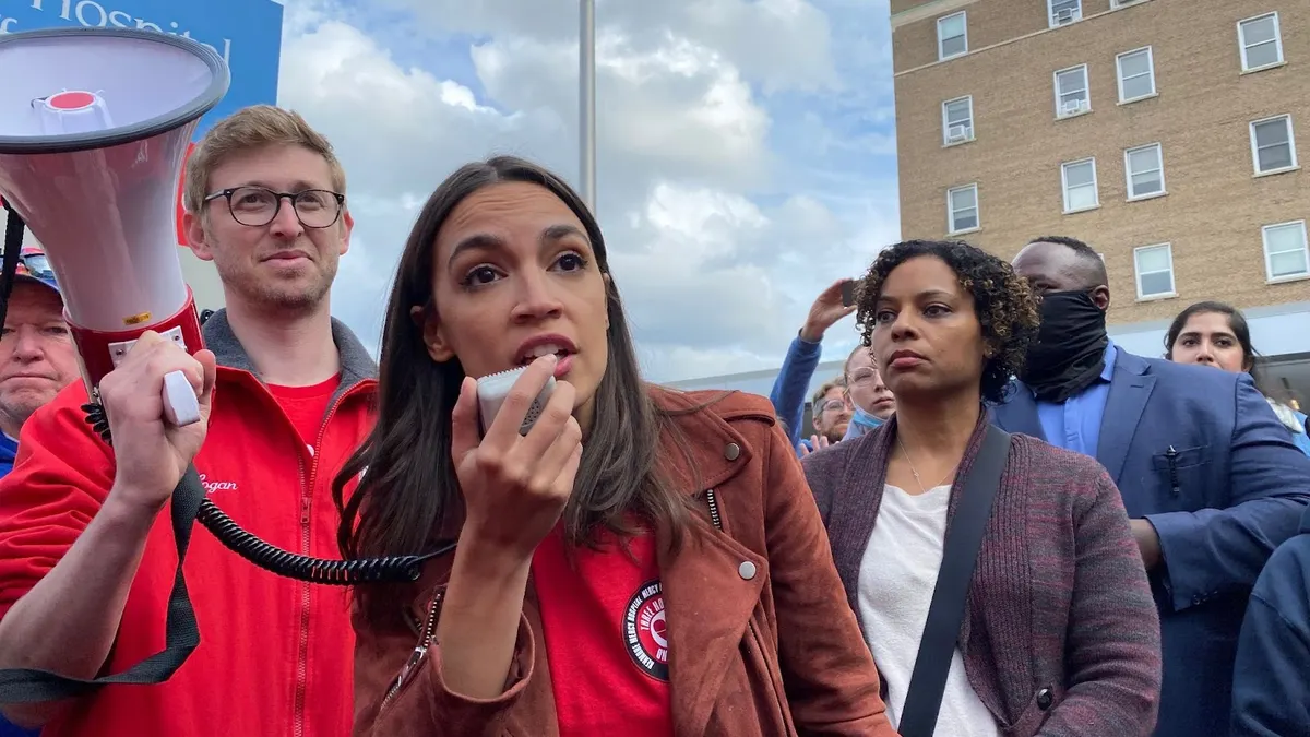 Representative Alexandria Ocasio-Cortez visited the picket line during the fourth week of a strike among healthcare workers at Catholic Health’s Mercy Hospital in Buffalo, New York.