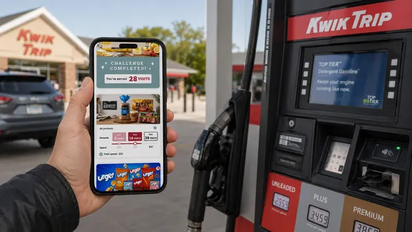 A hand holds up a mobile phone showing a loyalty app on the screen while a gas pump is next to the person and a convenience store is in the background. The gas pump and c-store both say Kwik Trip, while the app says "Challenge complete. You've earned 28 visits." then there is a graphic showing progress toward a goal of spending $41 at the "Kwikery" for which the person can earn 6, 14 or 24 viisits