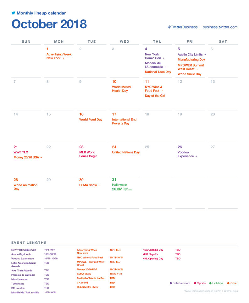 Twitter major events calendar for October 2018
