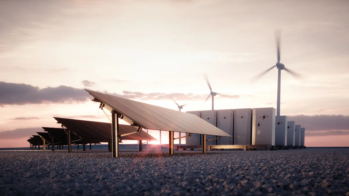 Dawn of new renewable energy technologies. Modern, aesthetic and efficient dark solar panel panels, a modular battery energy storage system and a wind turbine system in warm light