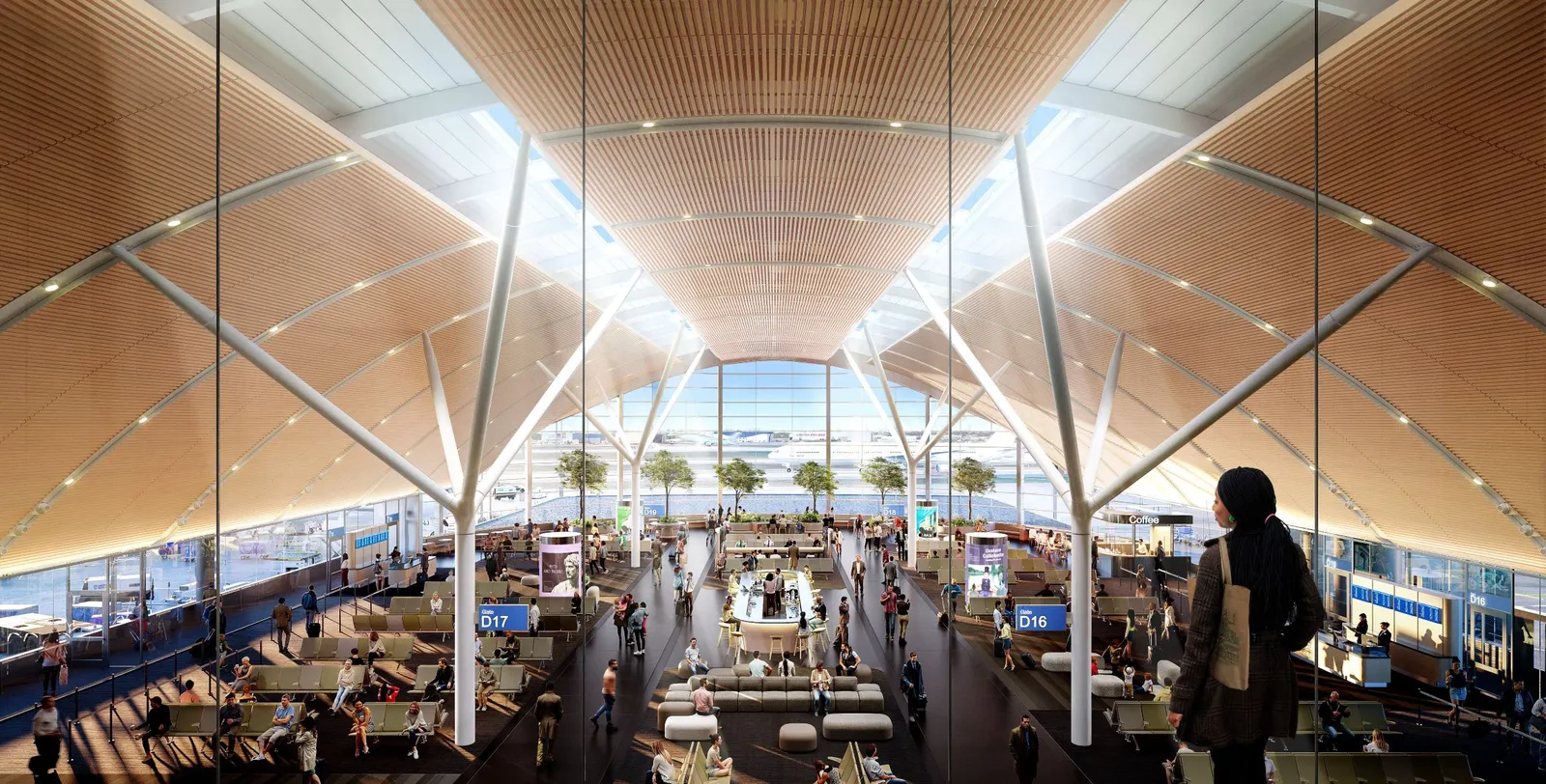 Rendering of Concourse D&#x27;s south end overlook shows airline gates and big windows.