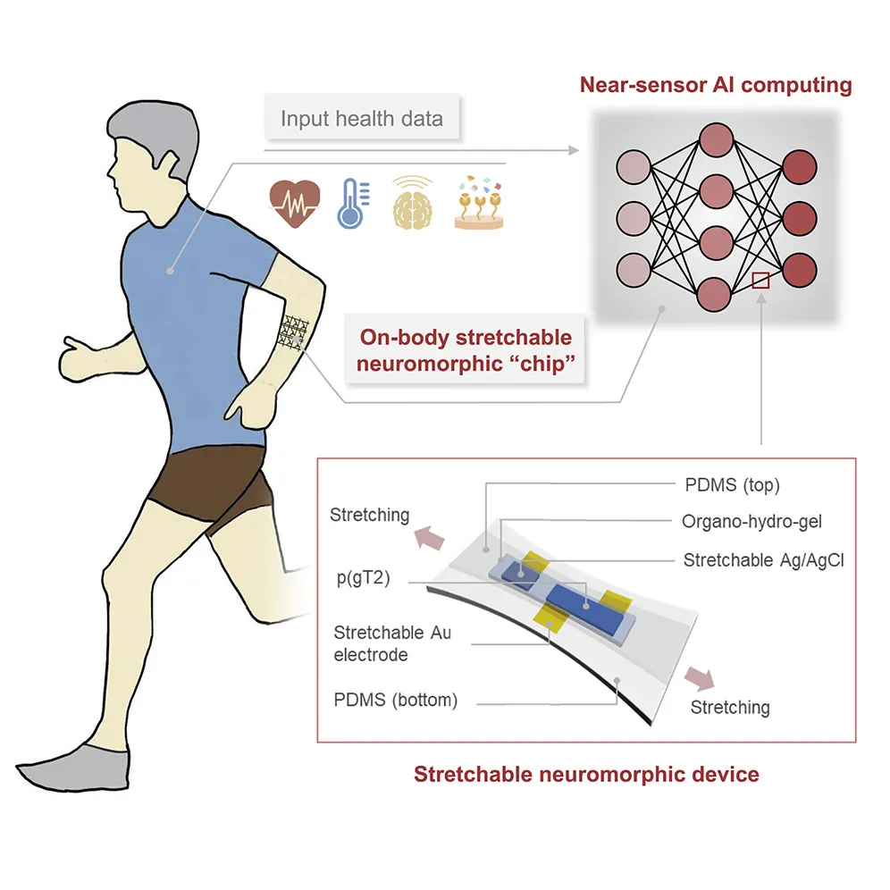 A graphic explaining how a stretchable skin patch monitor works