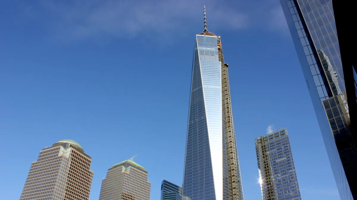 A facade of One World Trade Center in New York City