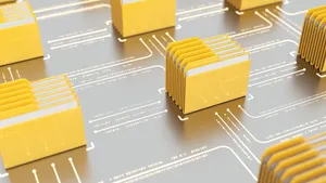 A series of yellow folders that depict lines of binary code running between them.