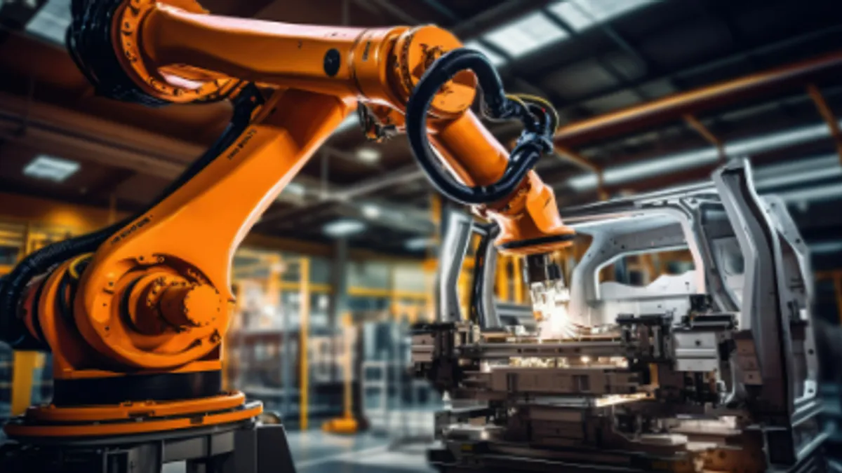 A large orange industrial robotic arm welds a car frame on an assembly line inside a factory.