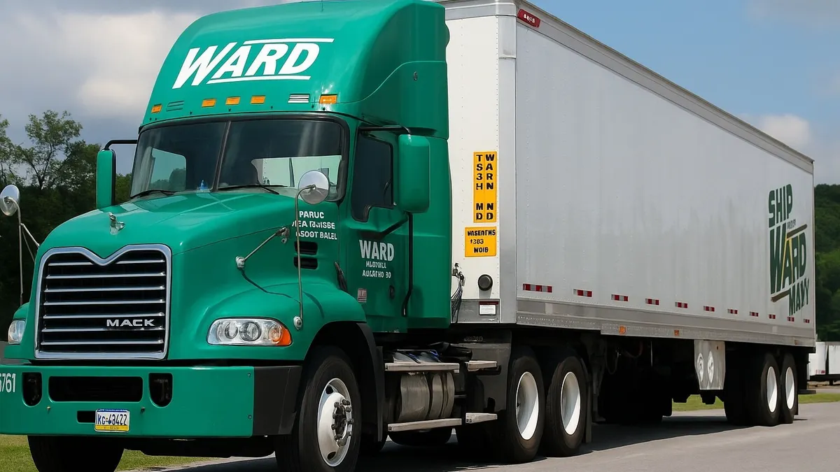 A green freight truck at rest.