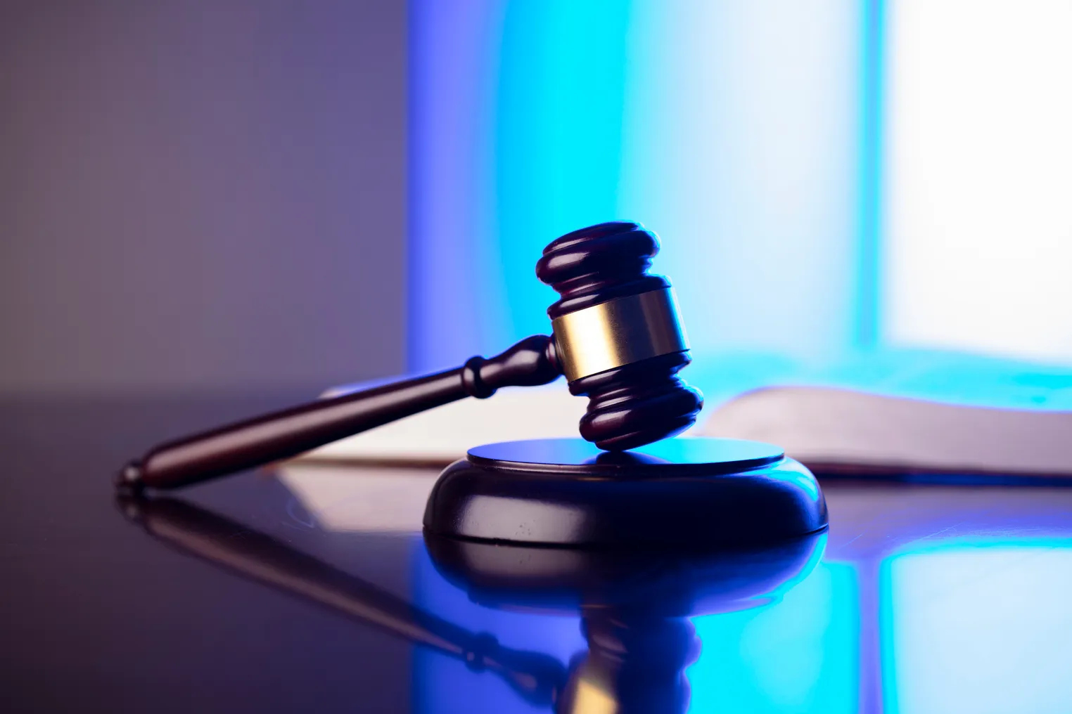 Wooden brown gavel on the table