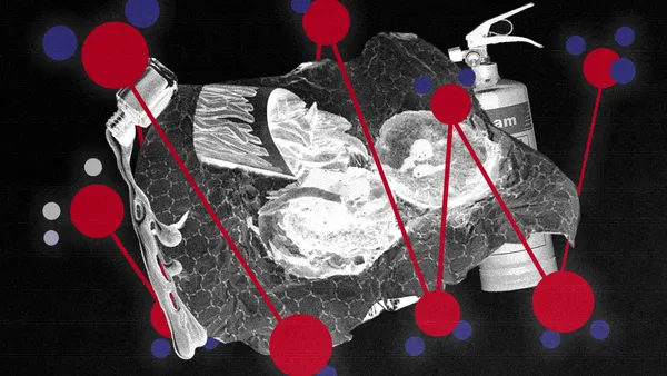 A photo illustration of nail polish, burger wrapper and fire foam surrounded by the molecular structure of a typical pfa.