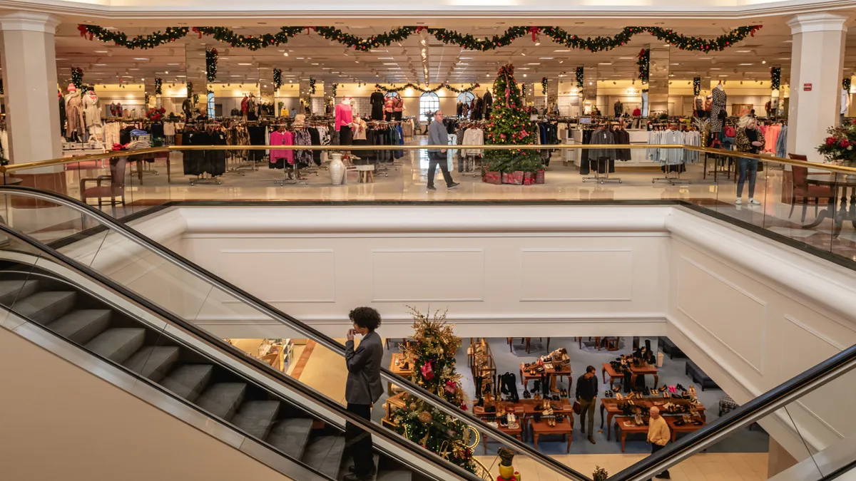 An escalator in a shopping mall during the Christmas and holiday season.