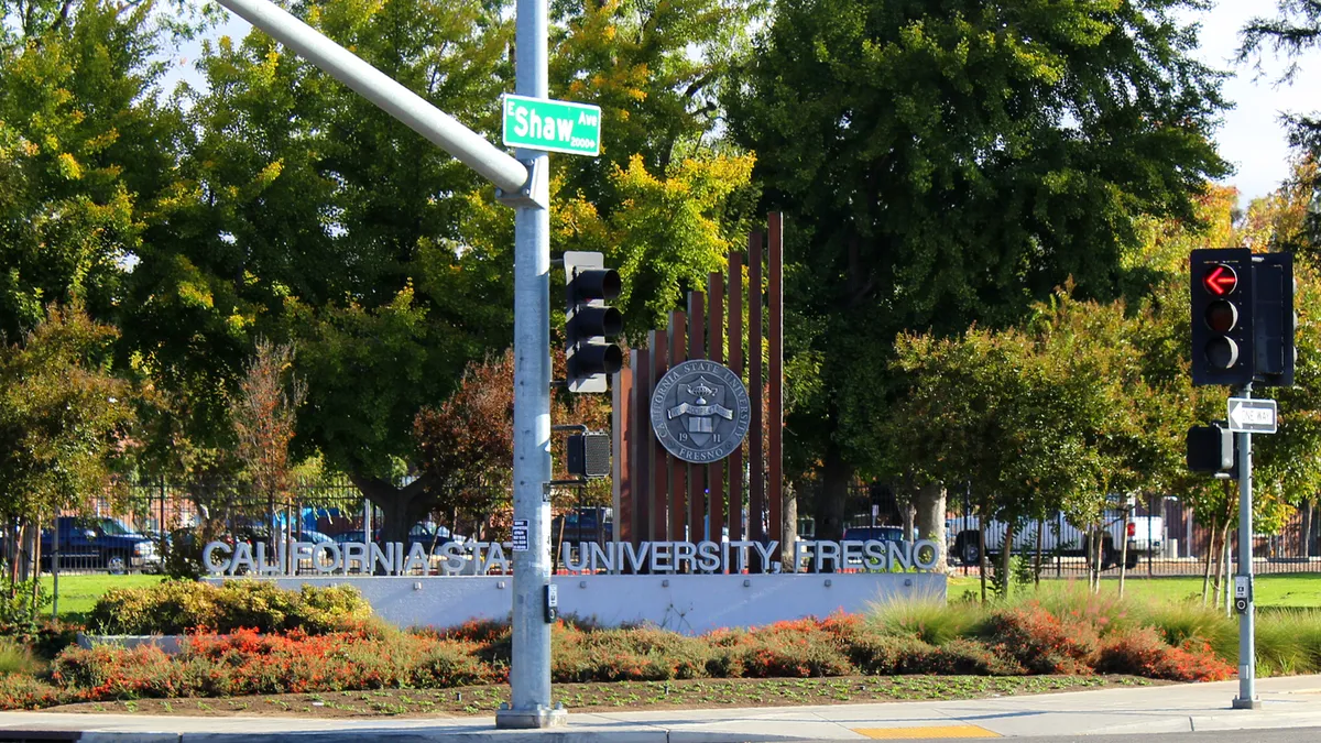 A sign reads "California State University, Fresno."