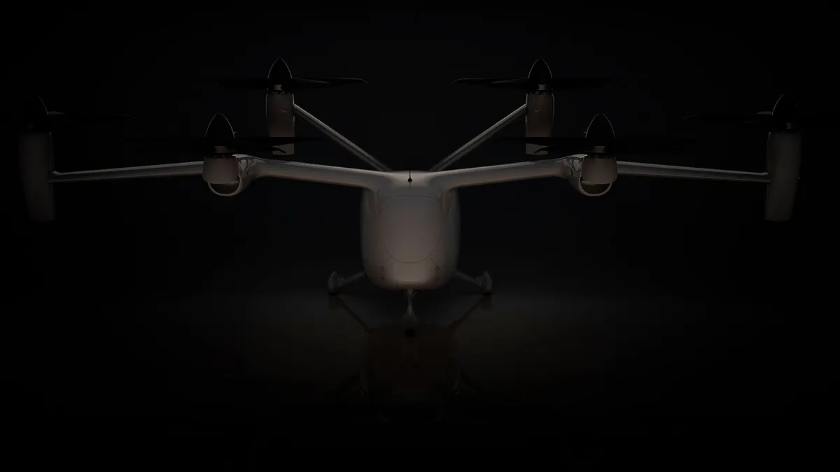 A black plane with six tilting propellers on a black background.