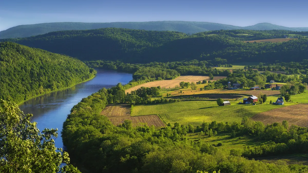 A river winds through the forest and farmland, with verdant mountains in the background.