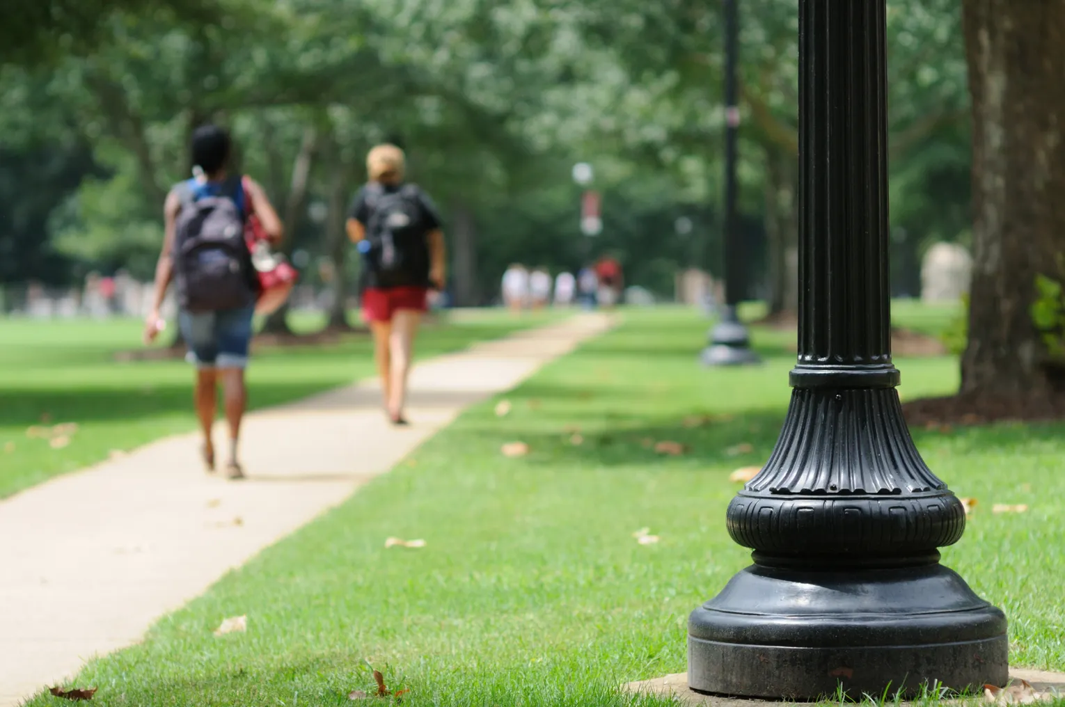 Students walking on campus during the summer