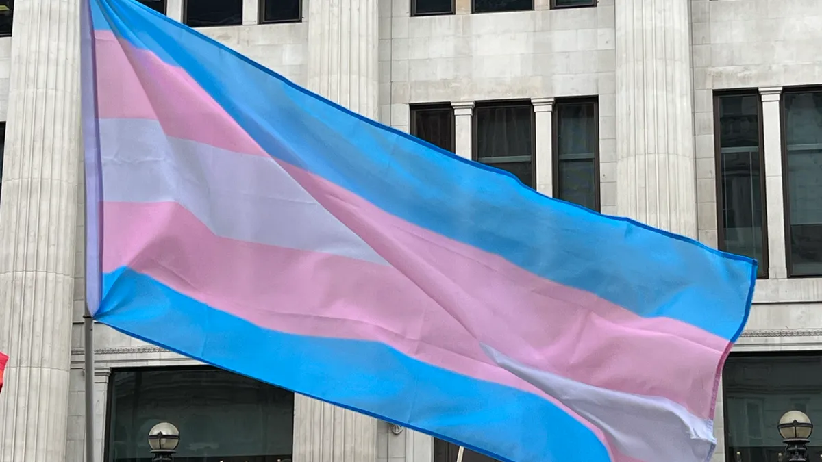 A transgender pride flag is flown in front of a building.