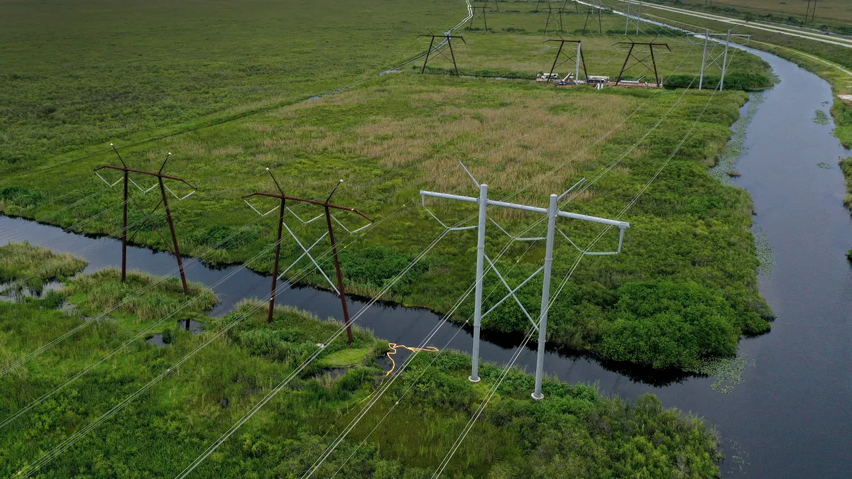Electric transmission lines cross a swamp.