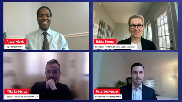 Image of webinar screen showing three speakers and a reporter