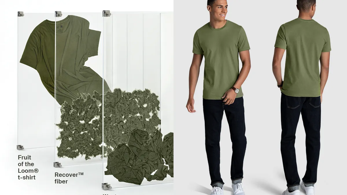 Person wearing green t-shirt and diagram of its material breakdown