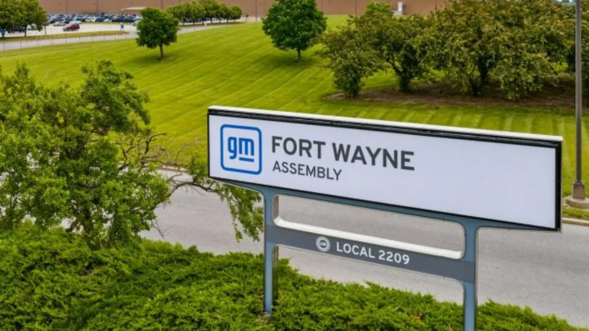 A signpost for General Motors' assembly plant in Fort Wayne, Indiana.