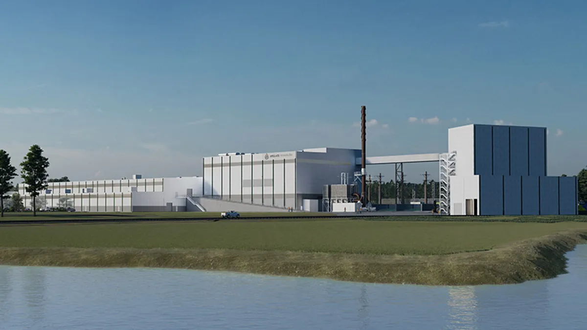 Wide shot of Arglass' glass recycling and container making facility in Valdosta, Georgia.