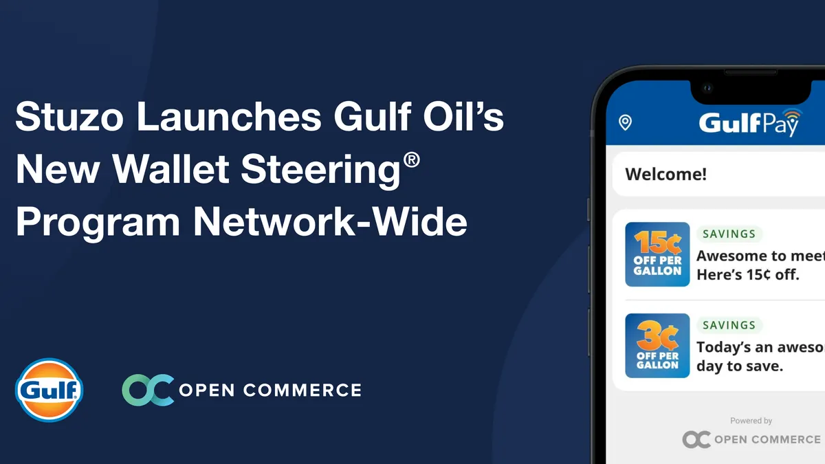 A promotional image showing the Gulf Pay app and saying "Stuzo launches Gulf Oil's New Wallet Steering Program network-wide."