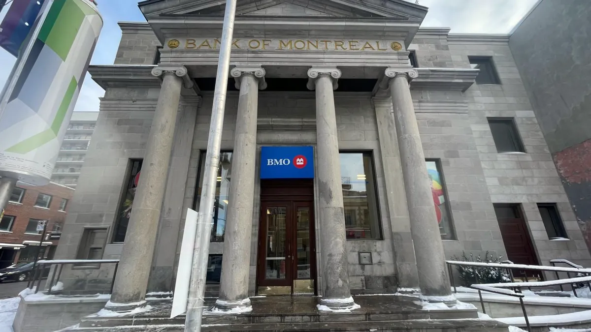 A BMO branch in Montréal in December 2024, showing some snow on the ground.