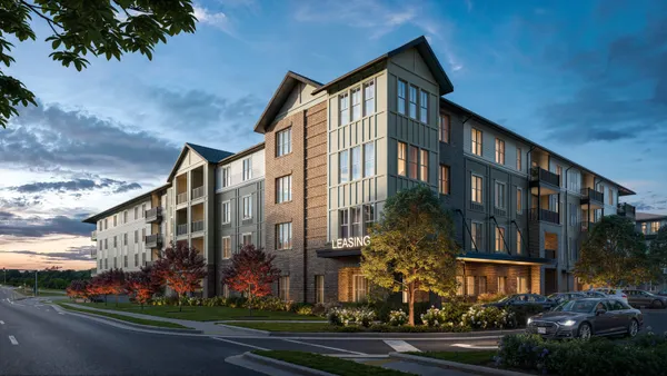 A rendering of a new three-story apartment complex.