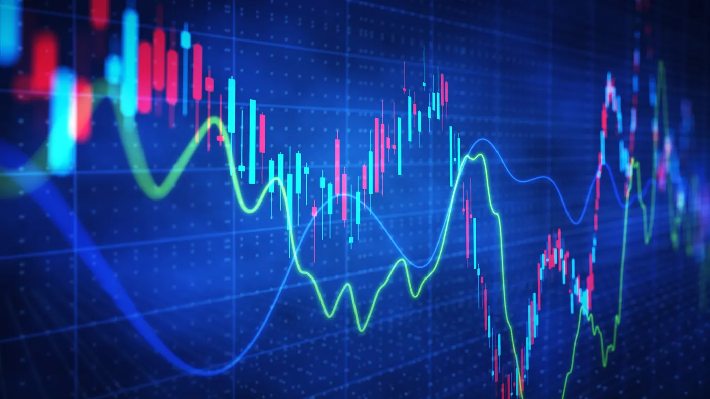 Abstract image of colorful financial graphs on a blue background, displaying fluctuating lines and candlesticks, conveying market volatility and data analysis.