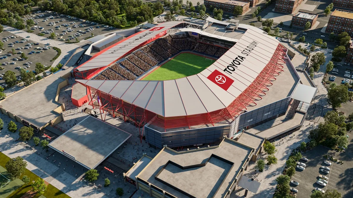 Overhead view of a stadium that's open in the middle.