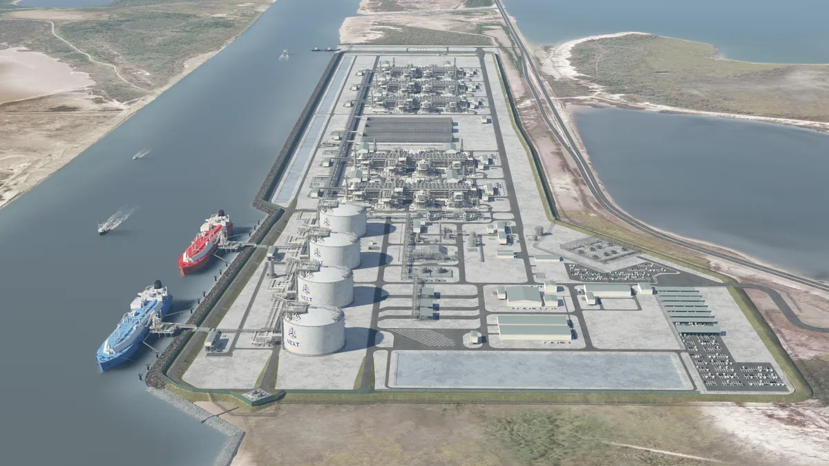 A rendering of a large liquefied natural gas plant that spreads along a riverbed. Two ships are docked in the left side of the photo at the docks.