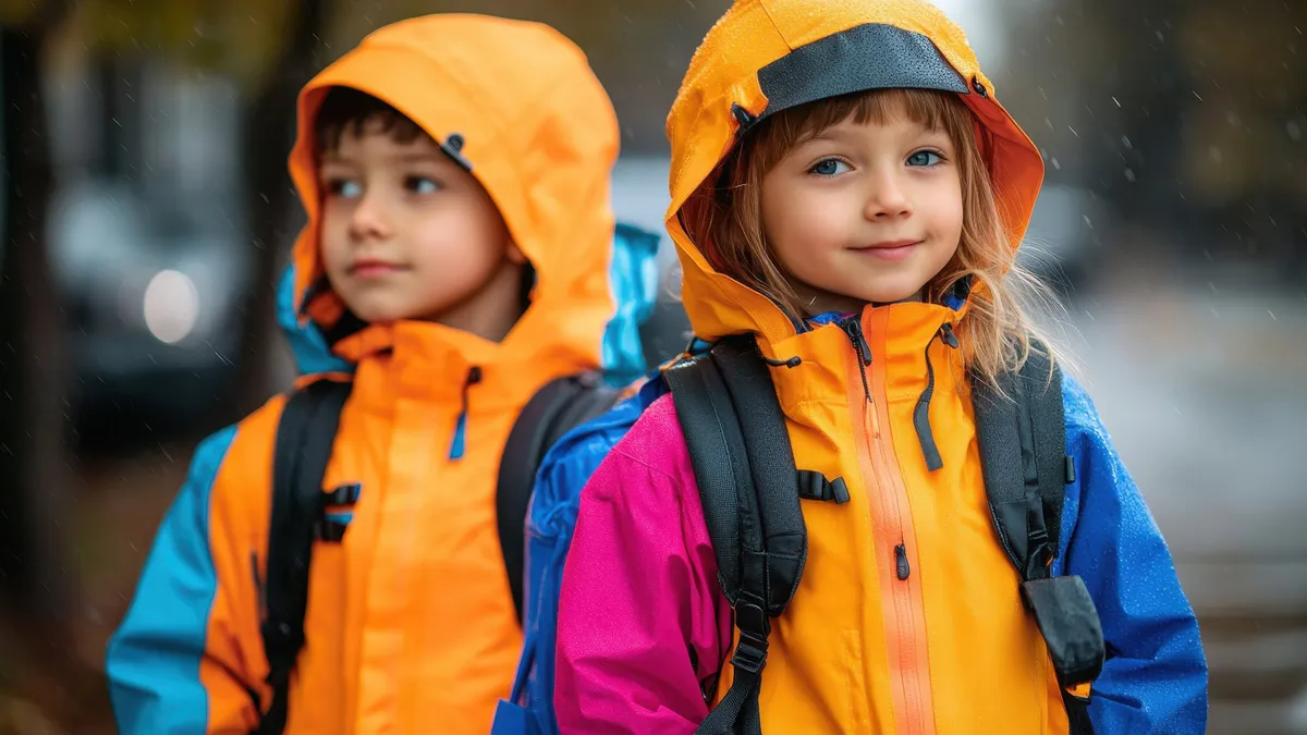 Urban, fashionable, modern children in neon vivid colors autumn jackets and raincoats ready for the first day of school, the time has come to gain knowledge.