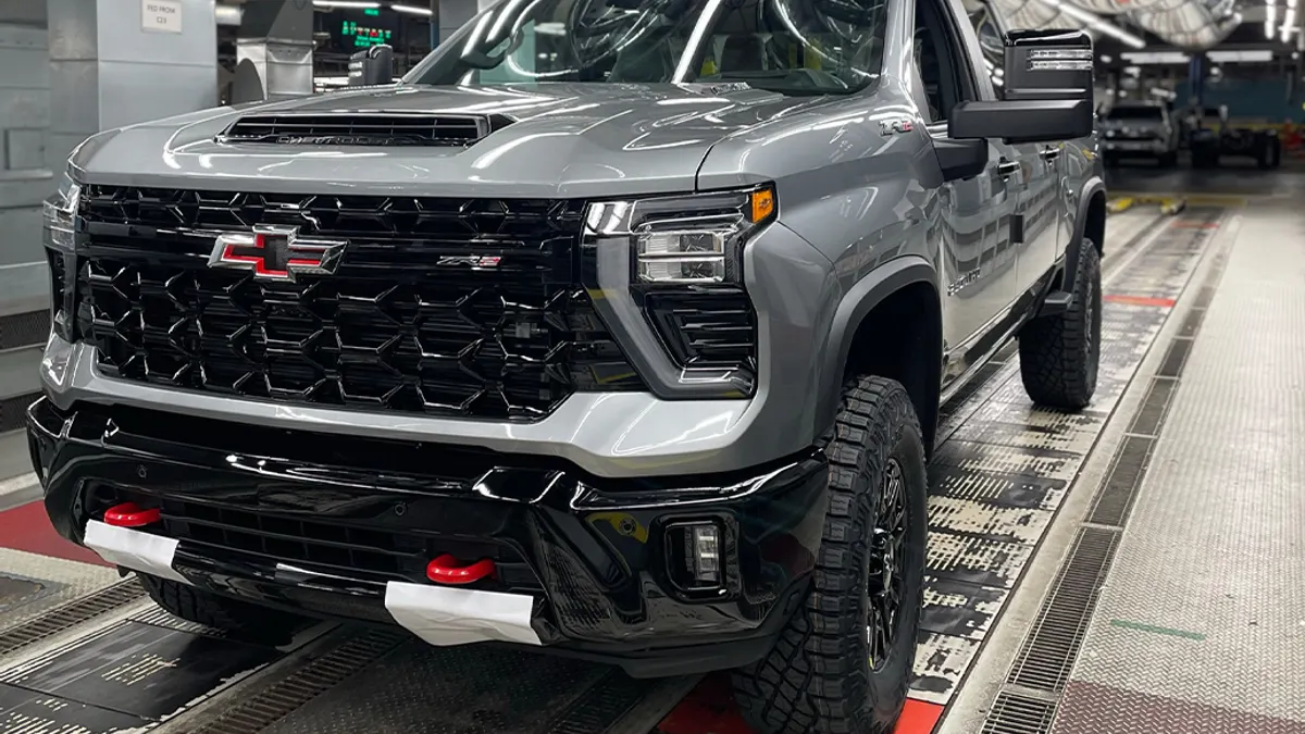 A gray Chevrolet Silverado 2500 pickup on the assembly line at the automaker's Oshawa Assembly Plant in Ontario.