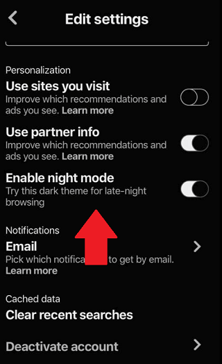 How to turn on Pinterest Night Mode in settings