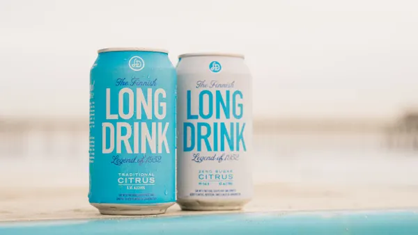 Two cans of the Finnish Long Drink in different flavors are next to each other.