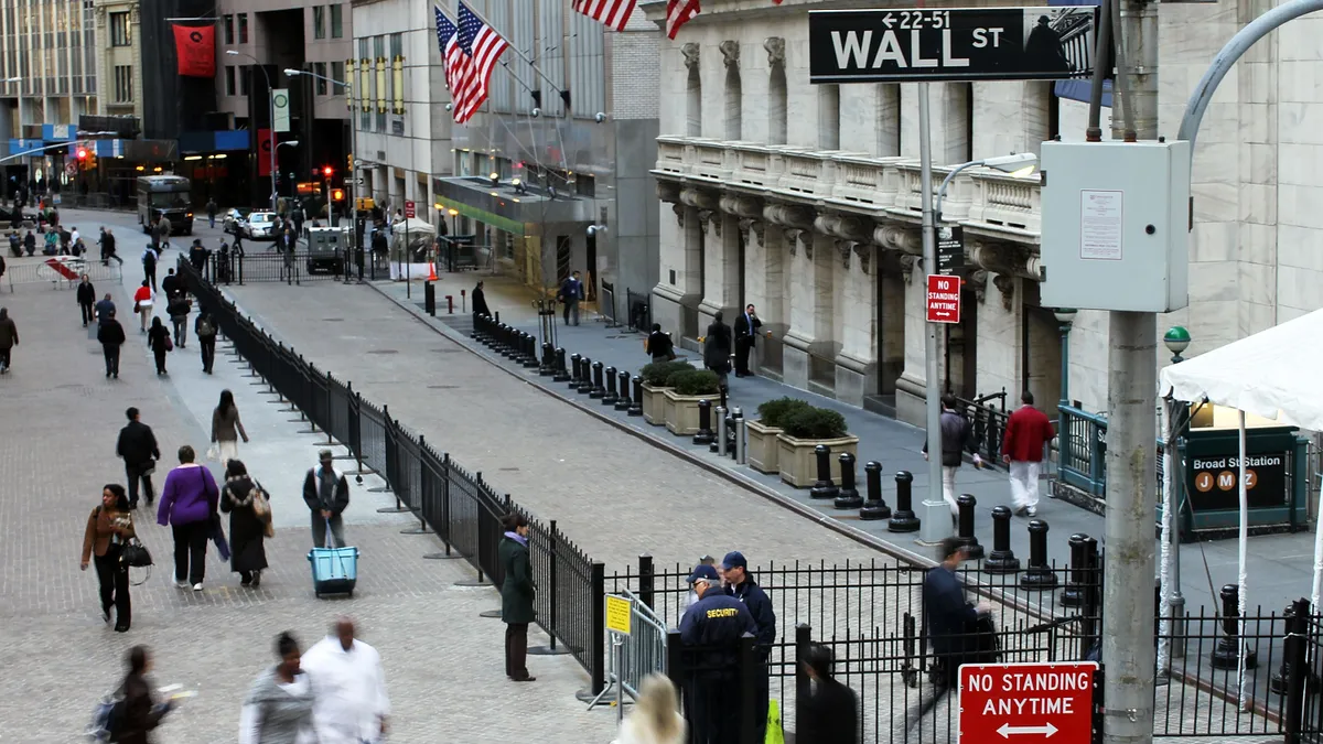 Overhead shot of Wall Street in NYC April 2010