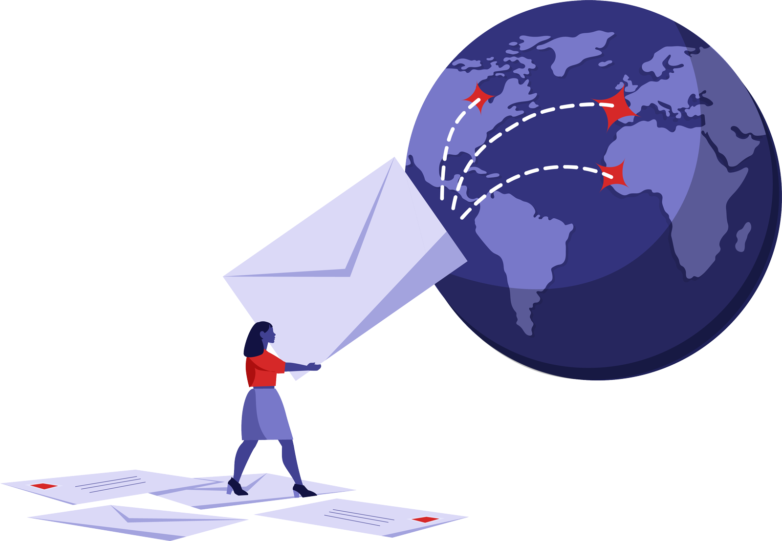 Image of paper letters being sent to several parts of the globe.