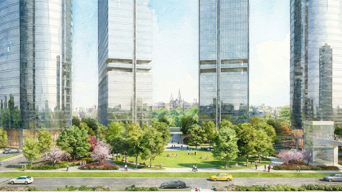 Rendering of the Potomac Overlook development, consisting of five towers and park space.