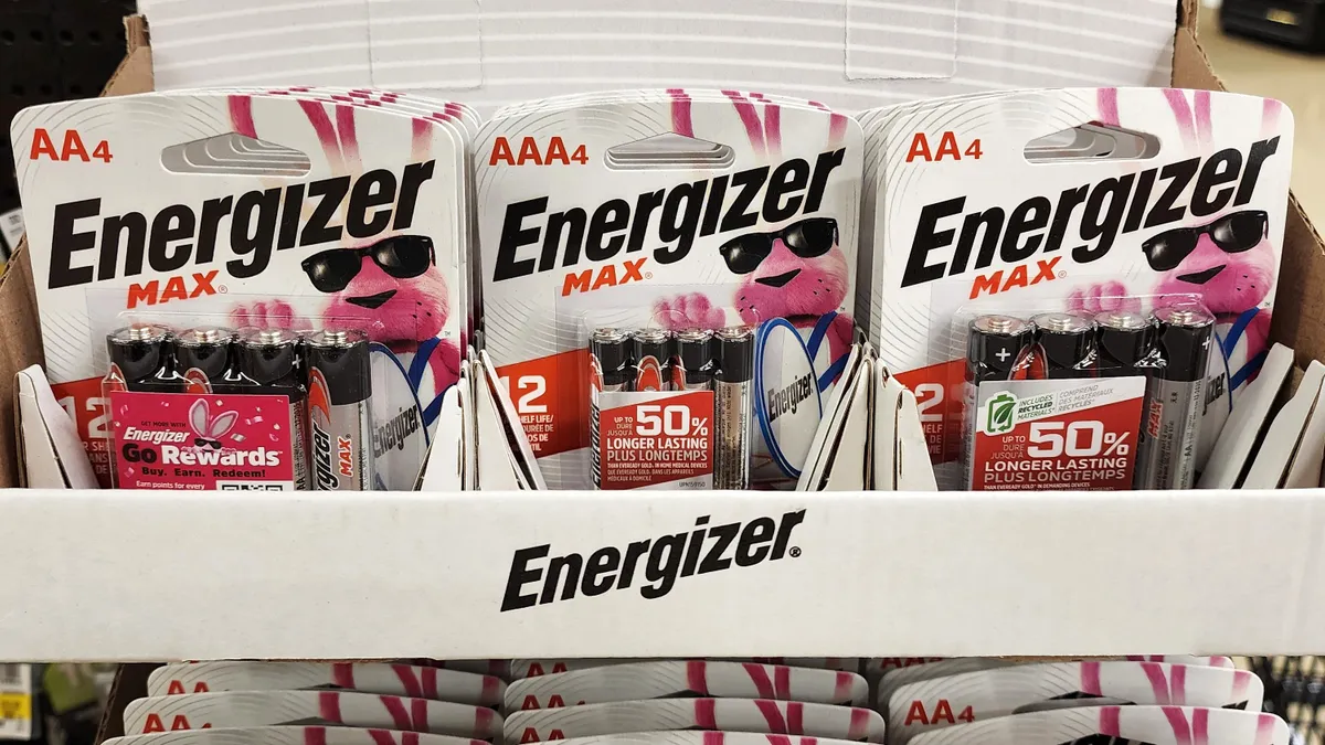 A row of Energizer batteries packages with the pink Energizer bunny mascot.