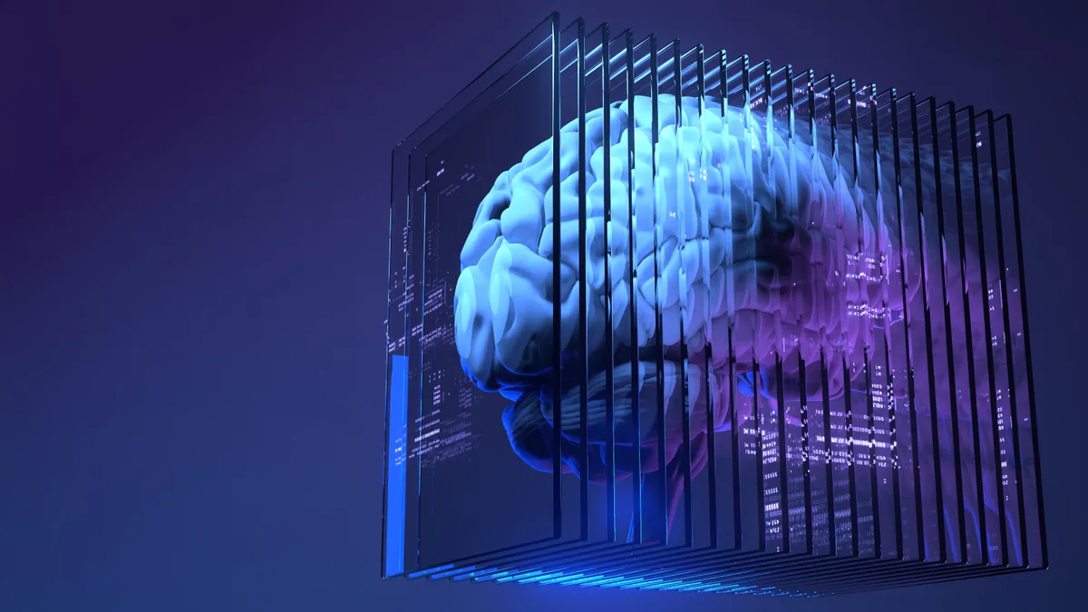 A robotic brain is encapsulated in a clear box.