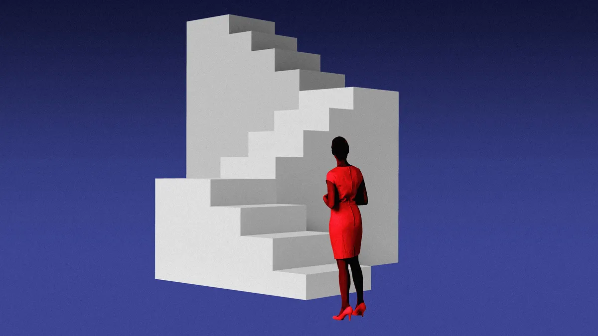 Illustration of person wearing a red dress and heels looking up at an abstract set of stairs