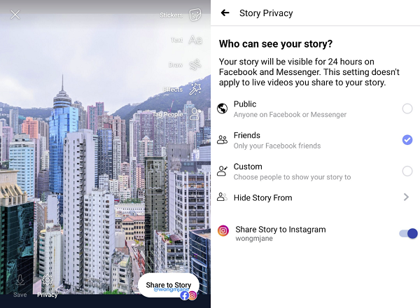 Facebook to Instagram Stories sharing