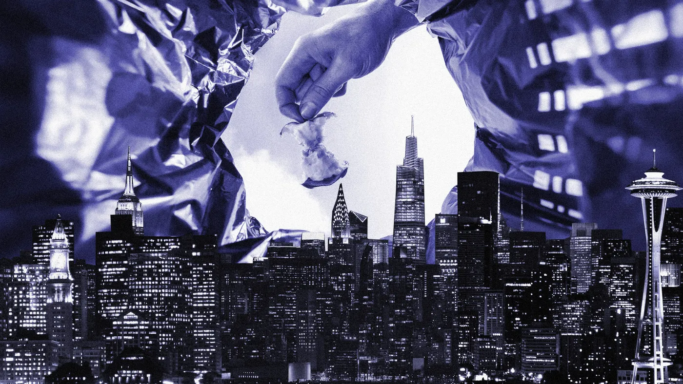 A composite of a city skyline and a hand holding an apple core framed by a circular trash bag background.