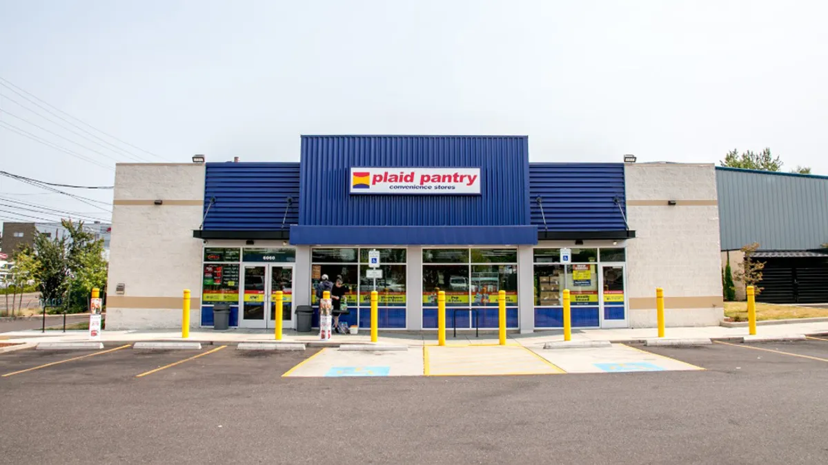 A photo of the exterior of a Plaid Pantry c-store location.