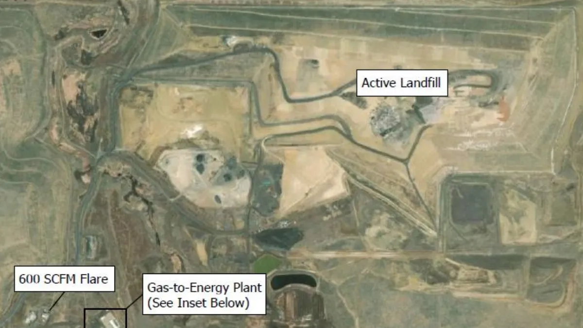 A satellite image of a brownish area with labels identifying it as a landfill.