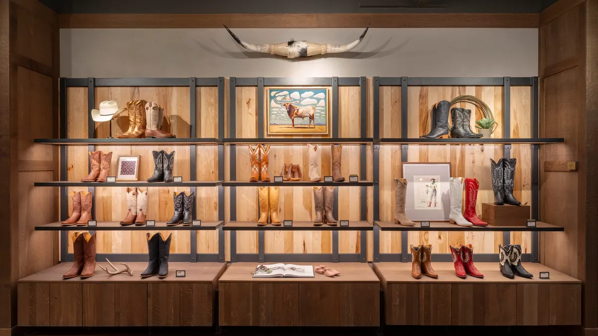 A boot display in Tecovas' SoHo flagship in New York City