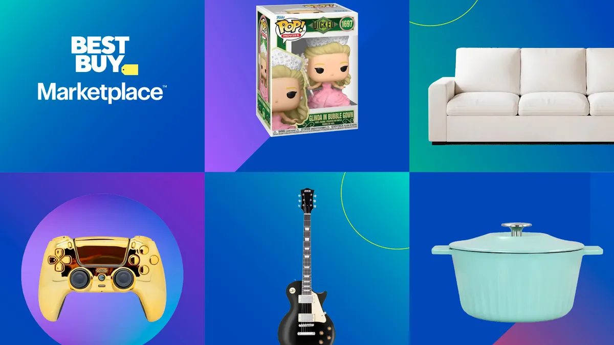 Collage with Best Buy Marketplace logo, a couch, Dutch oven, electric guitar, gaming controller and Funko toy